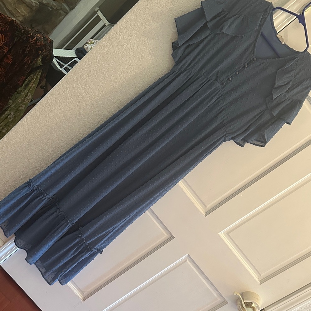 Orange Creek Blue Tiered Maxi Dress with Short Sleeves-Sz M